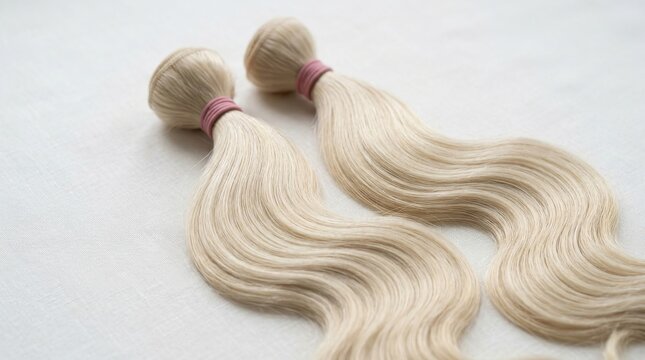 Two bundles of blonde hair extensions isolated on white background