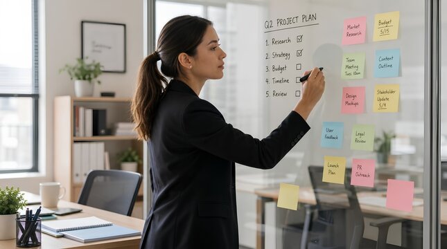Professional Businesswoman in Black Blazer Writing on Clear Glass Board with Q2 Project Plan and Colorful Sticky Notes, Focused Corporate Planning and Task Management in a Modern Office Space.
