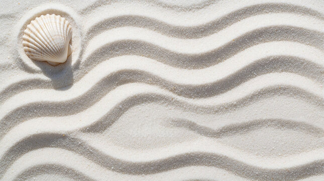 Seashell rests on rippled white sand surface with gentle wave patterns. Offers calm, serene background for coastal themes, summer holidays, or personal messages.