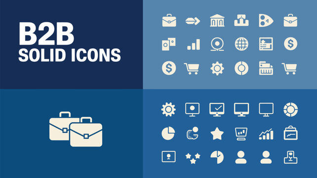 B2B Solid Icons Set, Business to Business Commerce and Corporate Symbols