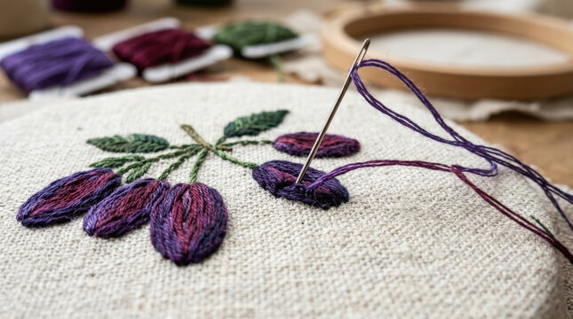 Embroidery project featuring purple plums on linen fabric with needle and thread for textile art and creative craft workshops.