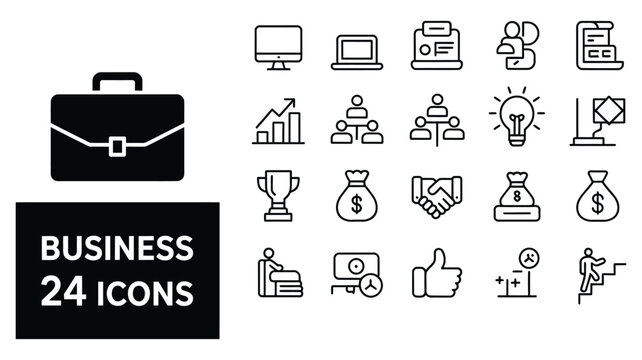 Business Icons Set, Office Management Finance and Professional Work Symbols