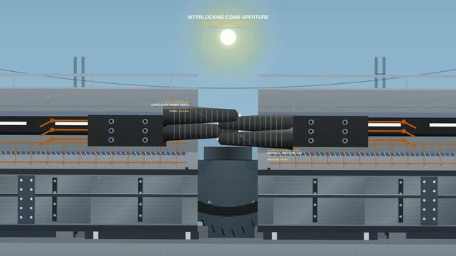 Detailed 2D animation illustrating the function of an interlocking comb aperture on a bridge expansion joint during thermal changes demonstrating kinematics and stress mitigation