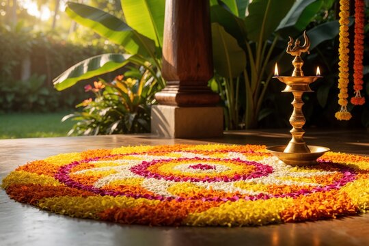 Floral carpet and brass lamp adorn veranda for Onam festival. Colorful petals arranged in spiral pattern greet king Mahabali. Kerala tradition celebrates harvest.