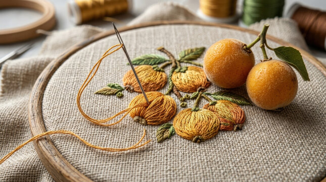 Handcrafted loquat fruit embroidery design on linen canvas with needle and thread for artistic home decor and creative hobbies.