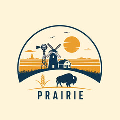 Obraz premium Prairie Landscape with Windmill and Buffalo.