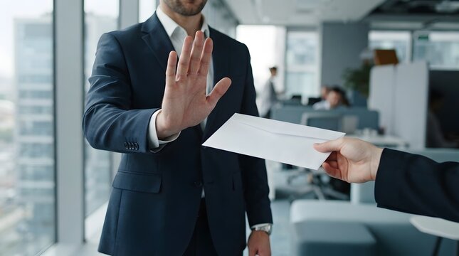 Professional Businessman in a Suit Making a Stop Gesture to Refuse a White Envelope in a Modern Office, Representing Anti-Corruption, Business Ethics, and Rejecting a Bribe or Resignation.