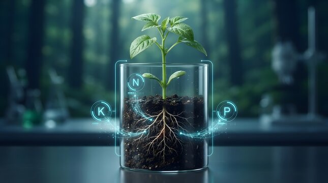 Young green plant growing in a glass container with visible root system and digital infographic overlays for nitrogen phosphorus and potassium nutrients in a smart farming laboratory setting.