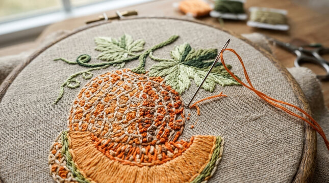 Intricate pumpkin embroidery design with woven texture and green vine details for autumn season home decor and fabric crafts.