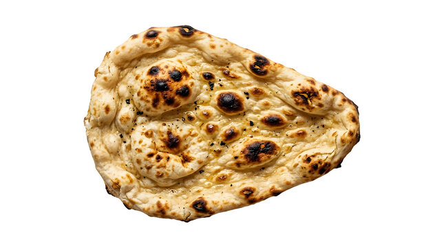 Freshly baked naan flatbread with spots butter transparent piece toasted on transparent background