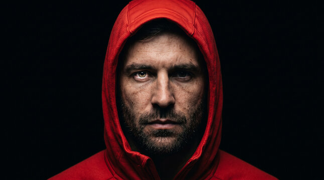 Intense portrait of a serious man wearing a red hoodie in the dark