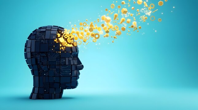 Artificial Intelligence and Human Creativity Concept with Digital Head Silhouette and Glowing Golden Ideas Light Bulbs Gears and Geometric Shapes Exploding on Blue Background