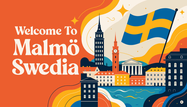 Welcome to Malmo Sweden, cityscape illustration with Swedish flag
