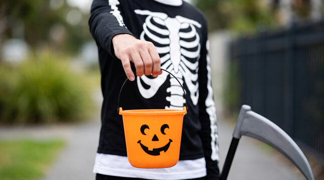 Trick treat basket holding Halloween pumpkin bucket with skeleton costume. Horror halloween holiday celebration party. cute colourful costume, happy fun trick or treat candy bucket