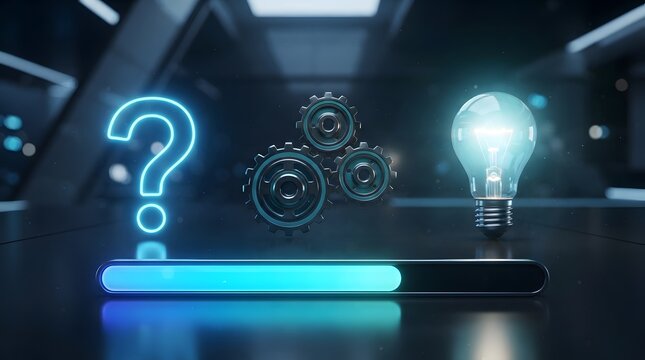 Conceptual 3D visualization of business problem solving and innovation process featuring a glowing blue question mark, metallic gears, and a bright light bulb with a loading bar in a dark lab.