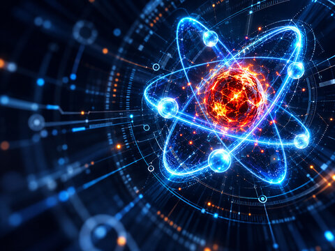 AI generated glowing atomic structure orbiting electrons digital interface energy particles representing quantum physics nuclear science research advanced future technology