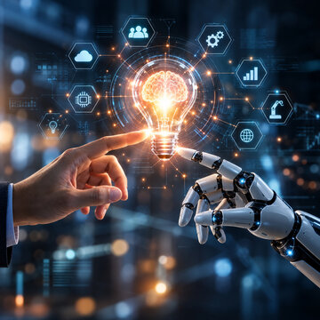 AI generated human robot hands connecting glowing brain light bulb symbolizing artificial intelligence innovation automation creativity technology future collaboration