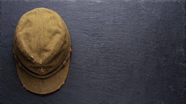 An Imperial Japanese Army field cap placed against a dark slate background (flat lay shot from directly above with space for text)