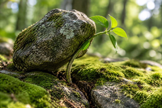 Young tree sapling bent under a rock, pushing upward through a crack.