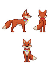 Fototapeta premium Cute Pixel Art Fox Character Turnaround with Side Back and Front Views
