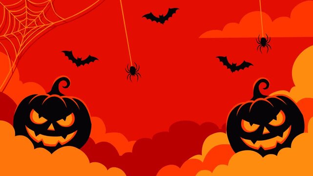 Spooky Halloween motion graphic background featuring glowing jack o lanterns, flying bats, hanging spiders, spider webs, and orange clouds