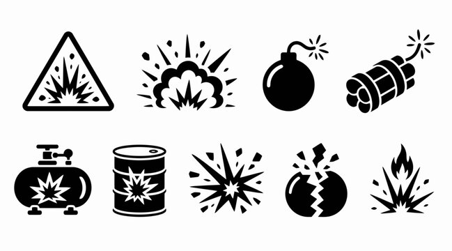 Hazard warning and explosive material safety icons.