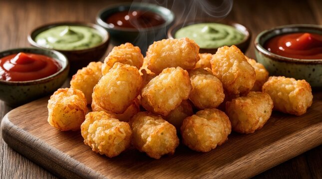 Crispy golden tater tots served on wooden board. Steaming hot potato snacks with ketchup, green herb dipping sauces in small bowls. Tasty fried appetizer for party food side dish at cafe, pub,