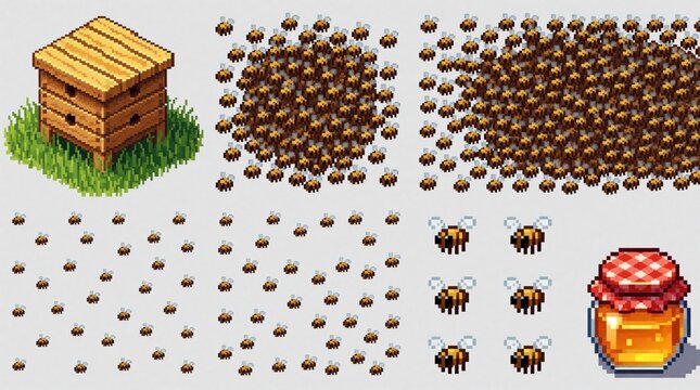 Pixel art beehive, flying bees, and honey jar collection. Digital assets for games or retro designs. Natural insect graphic elements for apiculture themes.