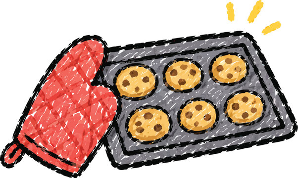 Freshly baked chocolate chip cookies arranged neatly on a metal tray with a red oven mitt