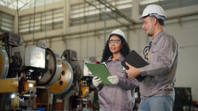 Factory engineers discussing steel production and metalworking process near heavy machinery, teamwork meeting manufacturing inspection and quality control, industrial safety and machine shop operation