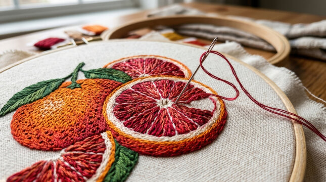 Vibrant orange citrus fruit embroidery design showcasing detailed textures and rich colors for textile art and decor projects.