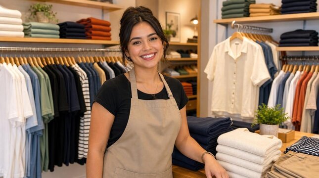 Cheerful young Hispanic female retail associate wearing a beige apron, smiling warmly while standing inside a bright boutique surrounded by neatly arranged folded clothes and colorful hanging garments