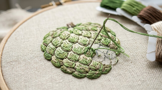Artichoke embroidery artwork featuring textured green layered scales and intricate thread detailing for natural food home decor.