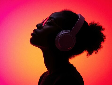 Young Black woman listens to music with headphones and glasses. Silhouette profile against vibrant neon pink orange gradient. Enjoys sound, immersed in audio.