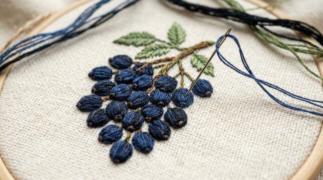 Blueberry fruit embroidery design on linen canvas with needle and thread for creative hobby projects and artistic textile crafts.