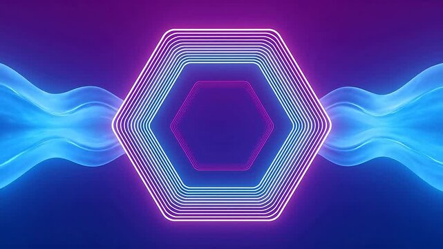 Abstract neon hexagonal tunnel with symmetrical blue wave lines on purple-blue gradient