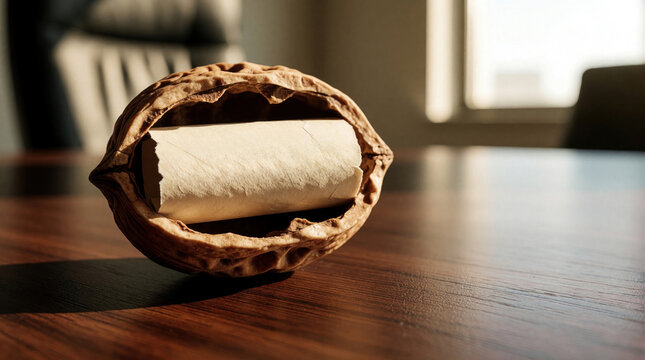 Walnut shell contains rolled paper, symbolizing concise business communication. Message is brief, clear, presented simply on office desk. Idea for summary or core point.