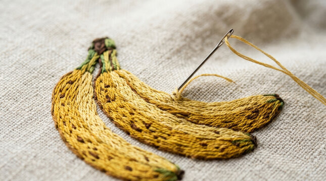 Close up view of realistic yellow banana embroidery on textured fabric showing intricate stitching details for craft project ideas.