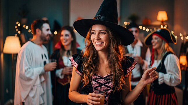 Friends enjoy an adult halloween party at home in a festive room