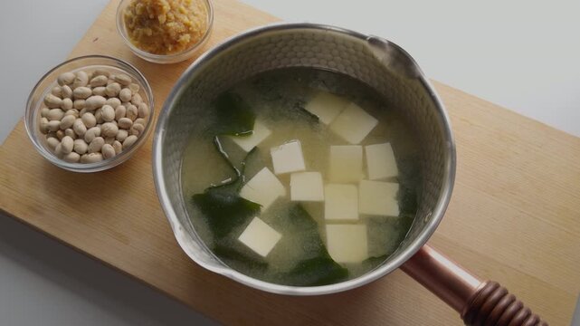 Authentic Japanese Miso Soup with Tofu and Wakame Seaweed, Healthy Vegan Plant-Based Cooking, Zen Lifestyle 4K
