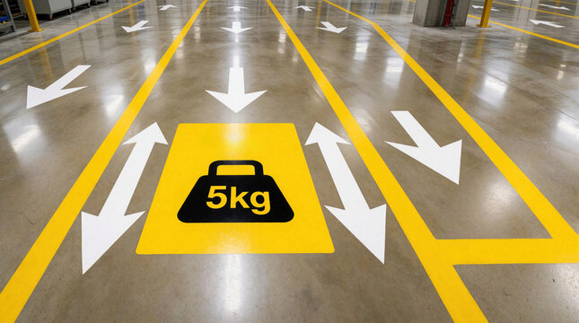 Industrial concrete floor marked with yellow lines and white arrows. Safety weight limit sign shows 5kg. Floor directions guide pathway in a warehouse or facility.