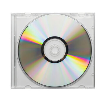 Shiny compact disc inside a clear plastic jewel case isolated on transparent background