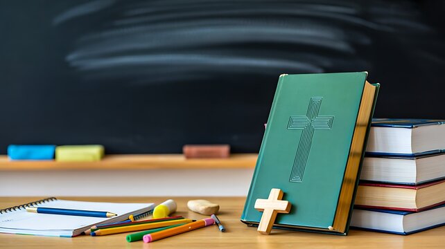 Religious book with cross on classroom desk surrounded by school supplies