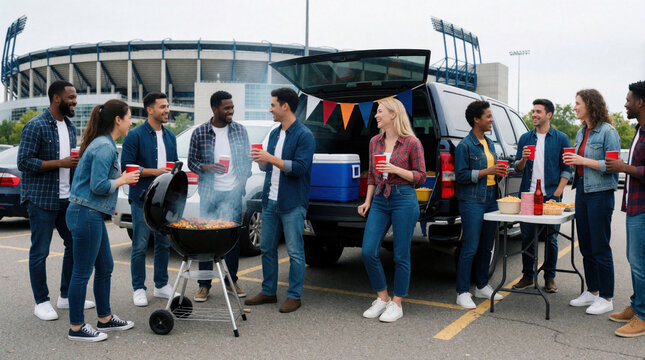 Diverse young friends enjoy tailgate party in stadium parking lot. Group eats bbq food from grill near car trunk. People drink beer, laugh, socialize during football event. Happy multicultural guys,