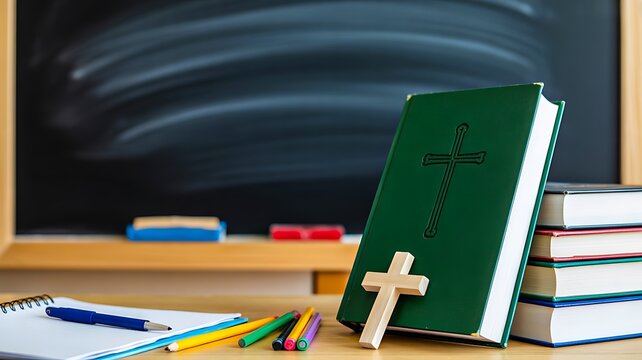 Christian education concept with bible book cross and school supplies in classroom