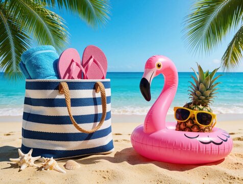 Beach bag with towel and flip flops sits on sand. Pink inflatable flamingo floats near pineapple wearing sunglasses. Tropical ocean and palm trees in background.