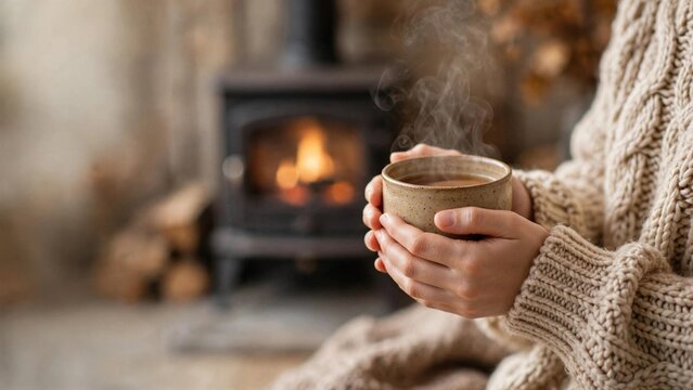 A woman in a warm sweater cradles a cup of coffee, set against a soft, blurred autumn background for a cozy vibe