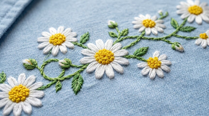 Obraz premium Daisy floral embroidery with yellow textured centers on light blue cotton fabric for summer apparel and textile craft decoration.