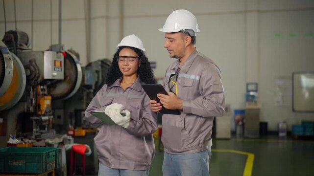 Factory engineers discussing steel production and metalworking process near heavy machinery, teamwork meeting manufacturing inspection and quality control, industrial safety and machine shop operation