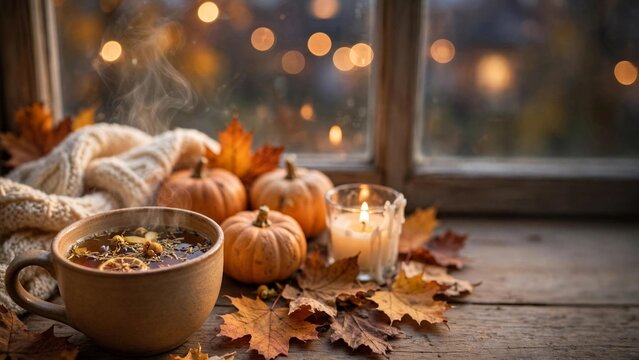 Decorative fall items arranged neatly in a flat lay, with a softened autumn background creating a warm, inviting feel